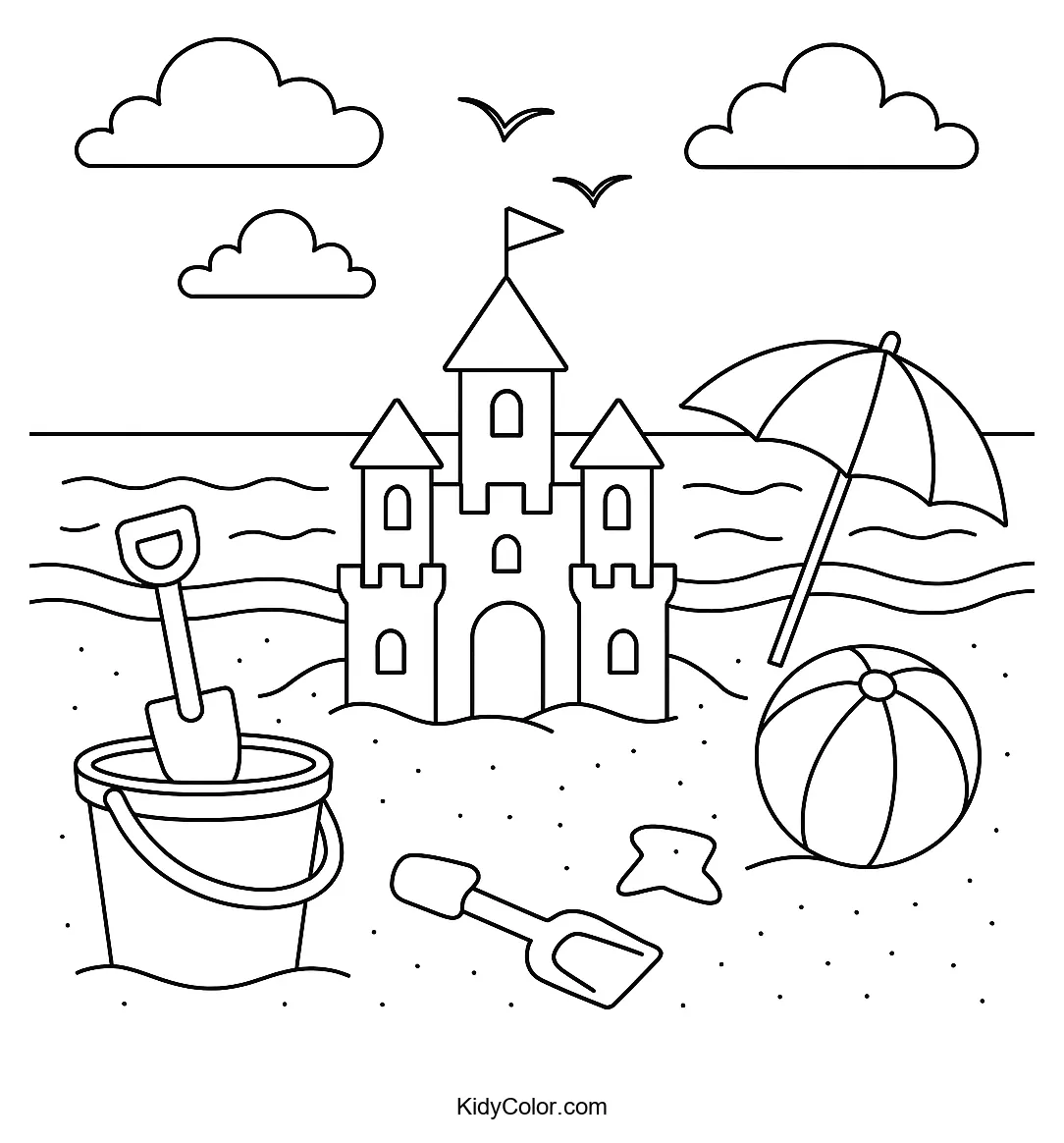 Beach day with sandcastle and toys