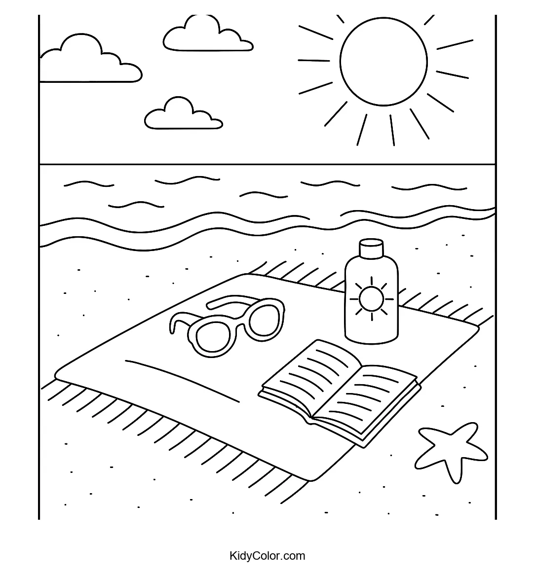Coloring page of a beach towel and seaside relaxation scene