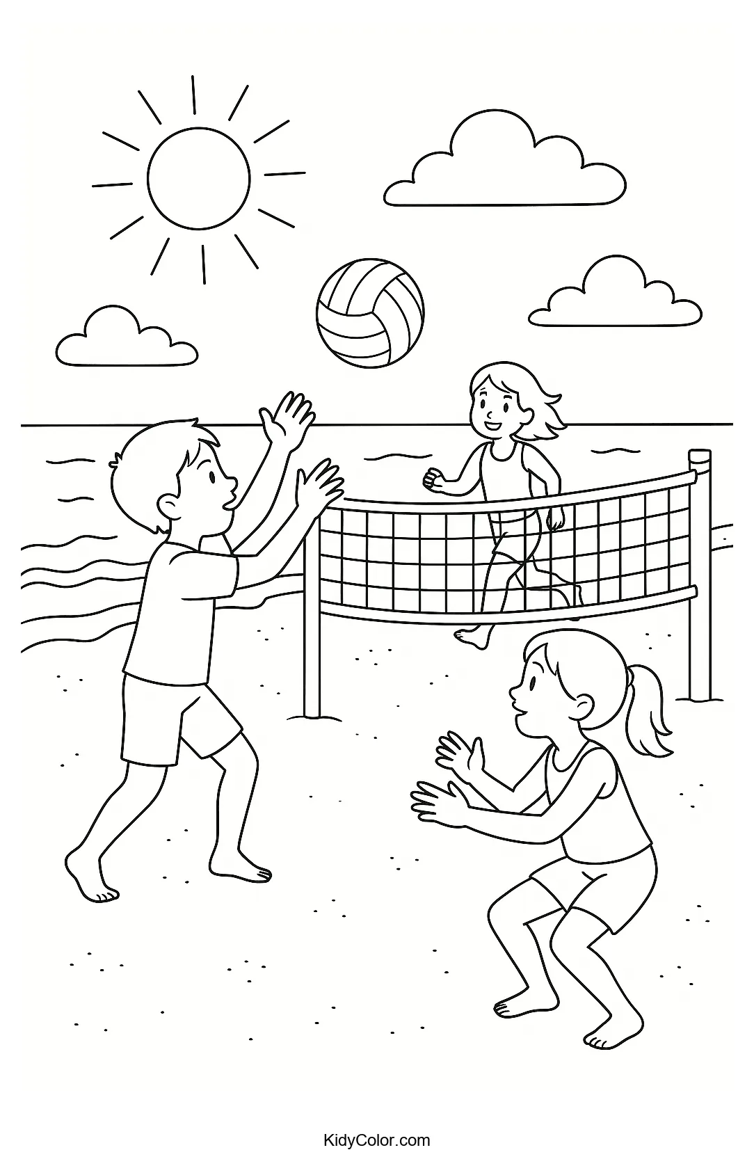 Kids playing beach volleyball on a sunny shore