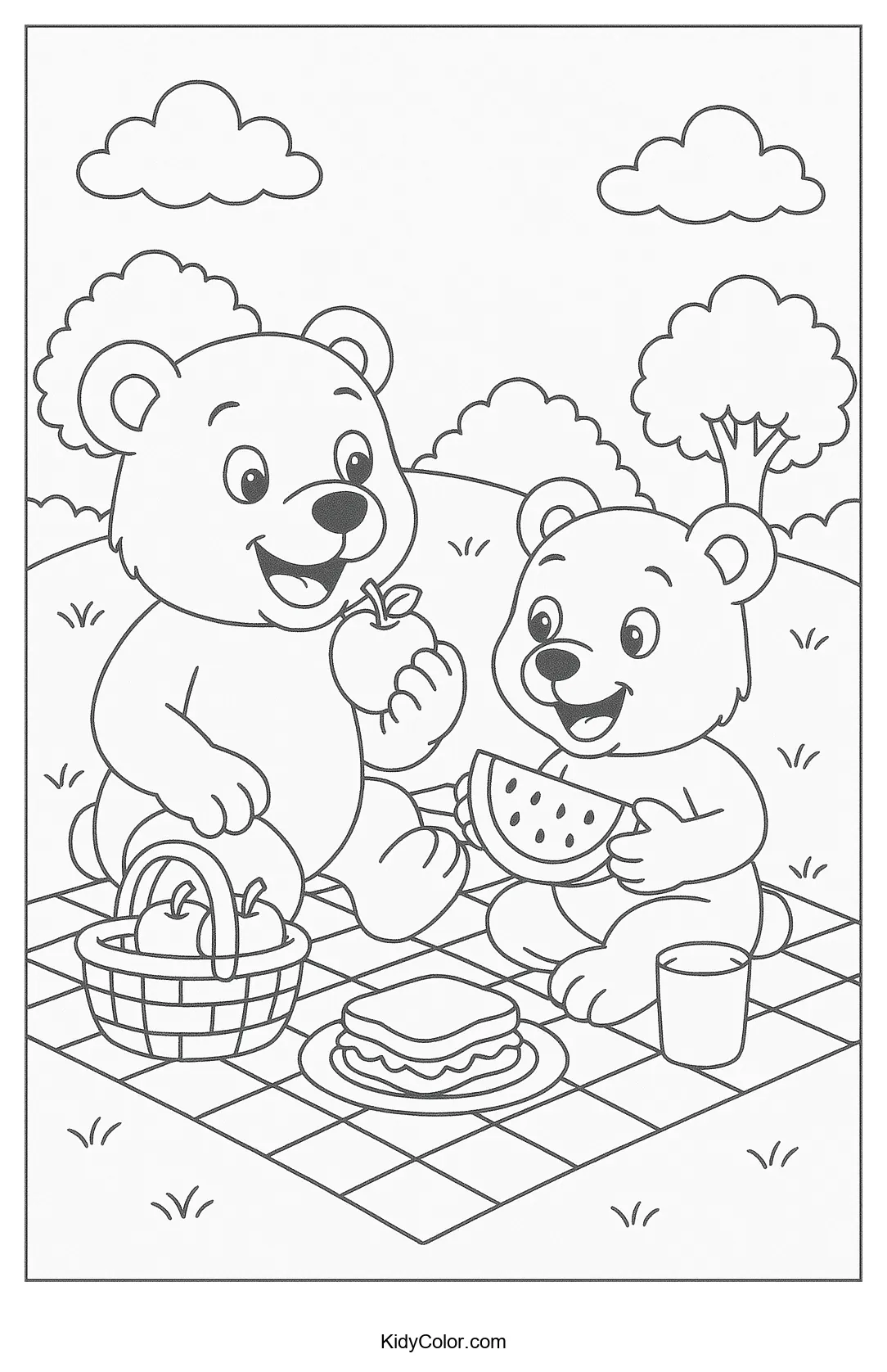 Bears having a picnic on a sunny day coloring page