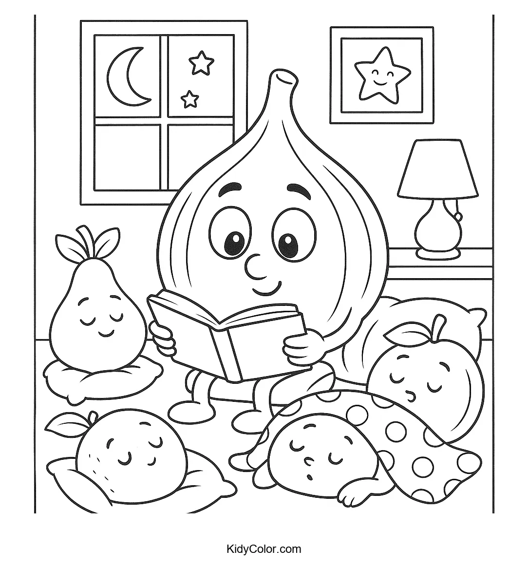 Bedtime story with fruit characters coloring page