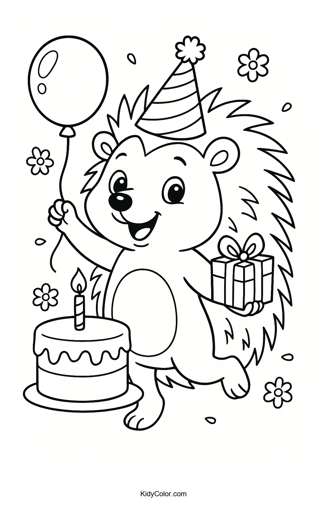 Happy hedgehog celebrating a birthday with balloons and gifts