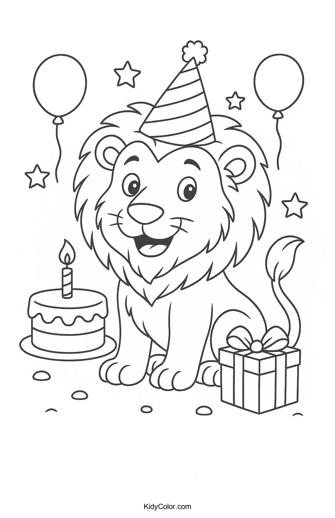 Lion at a birthday party with balloons and cake
