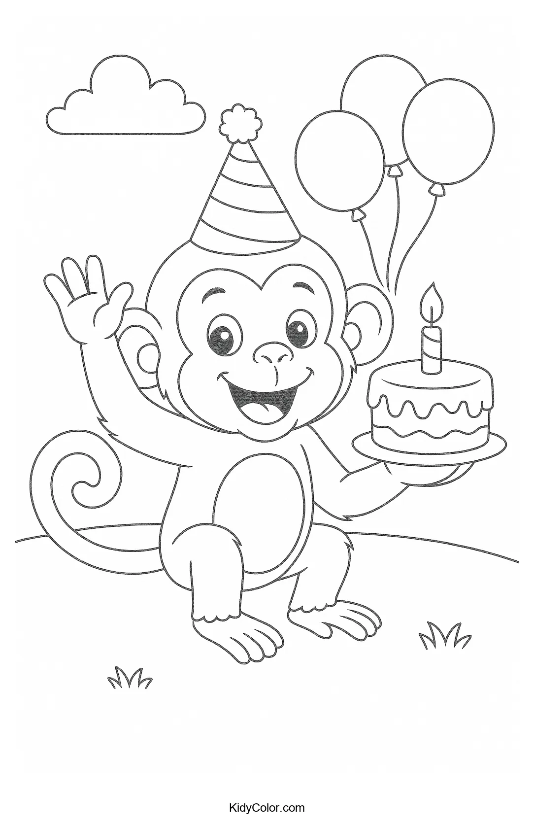 Coloring page of a monkey at a birthday celebration with balloons and a cake.