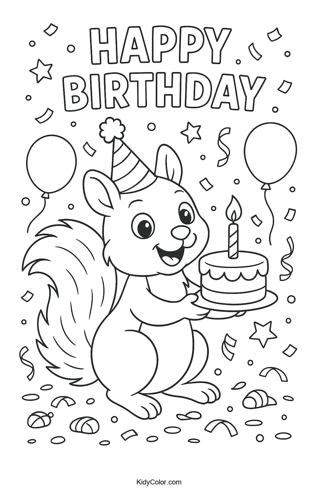 A playful squirrel holding a birthday present.