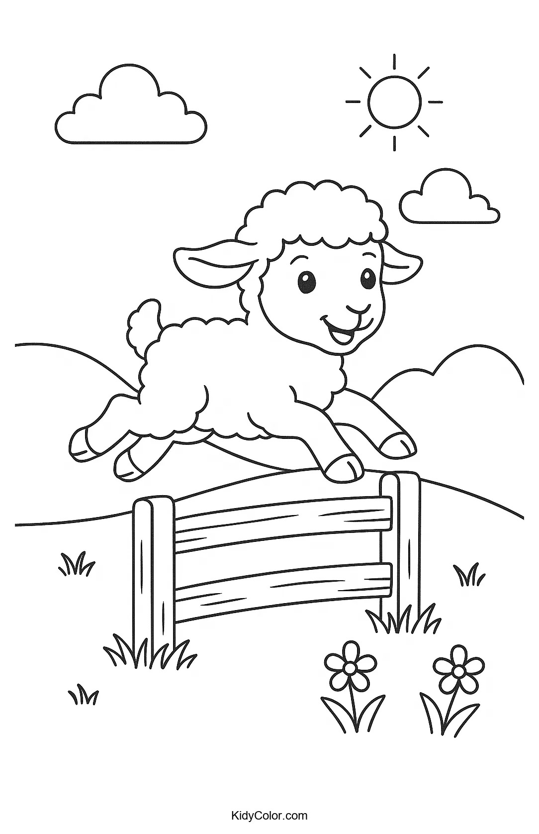 Bouncing lamb jumping over a wooden fence