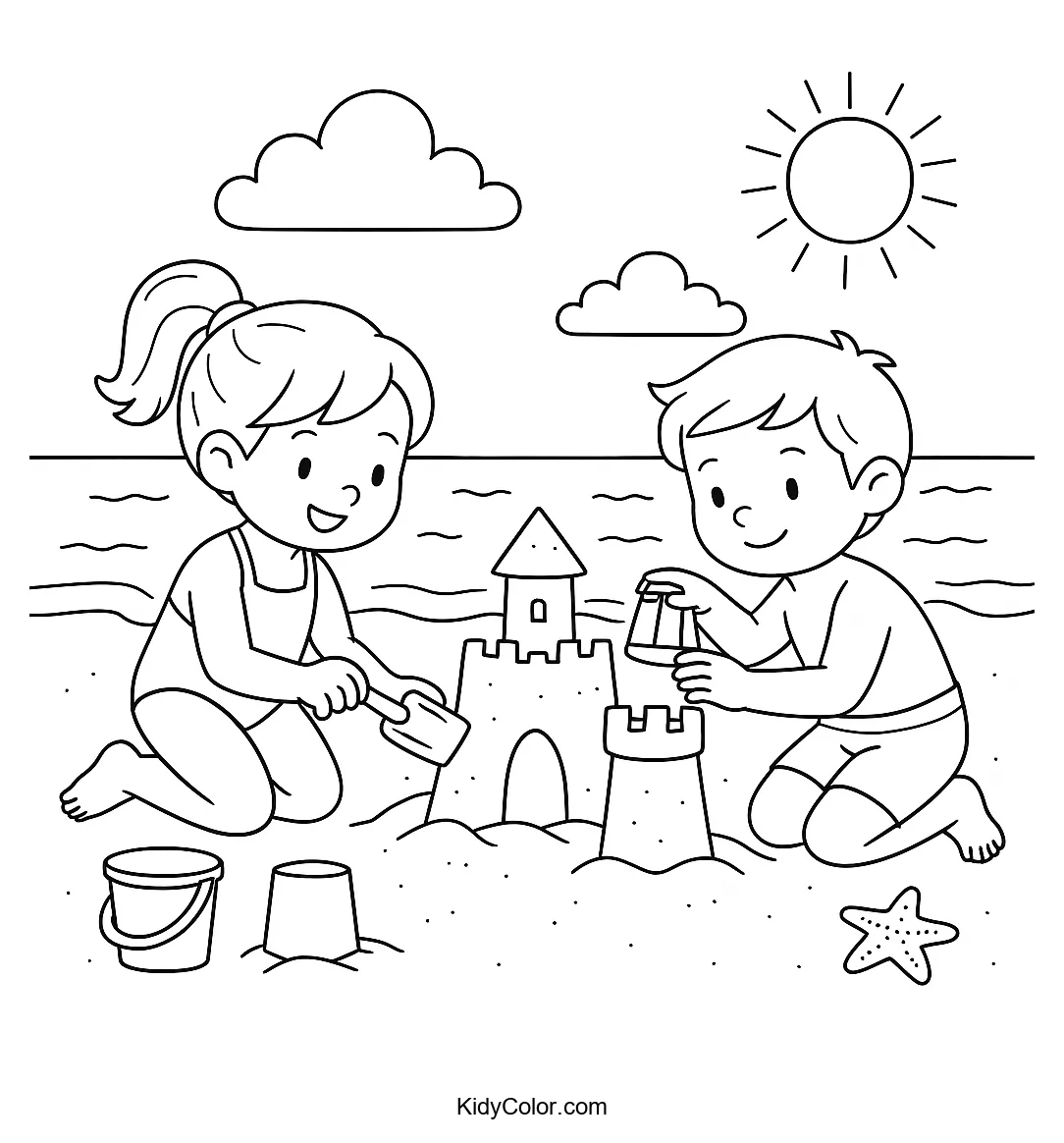 Kids building a sandcastle by the sea