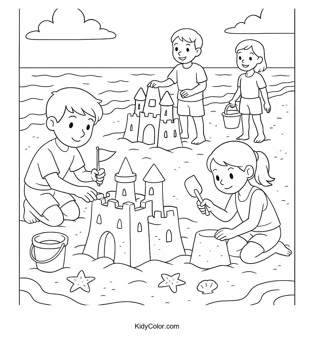 Kids building sandcastles by the sea coloring page