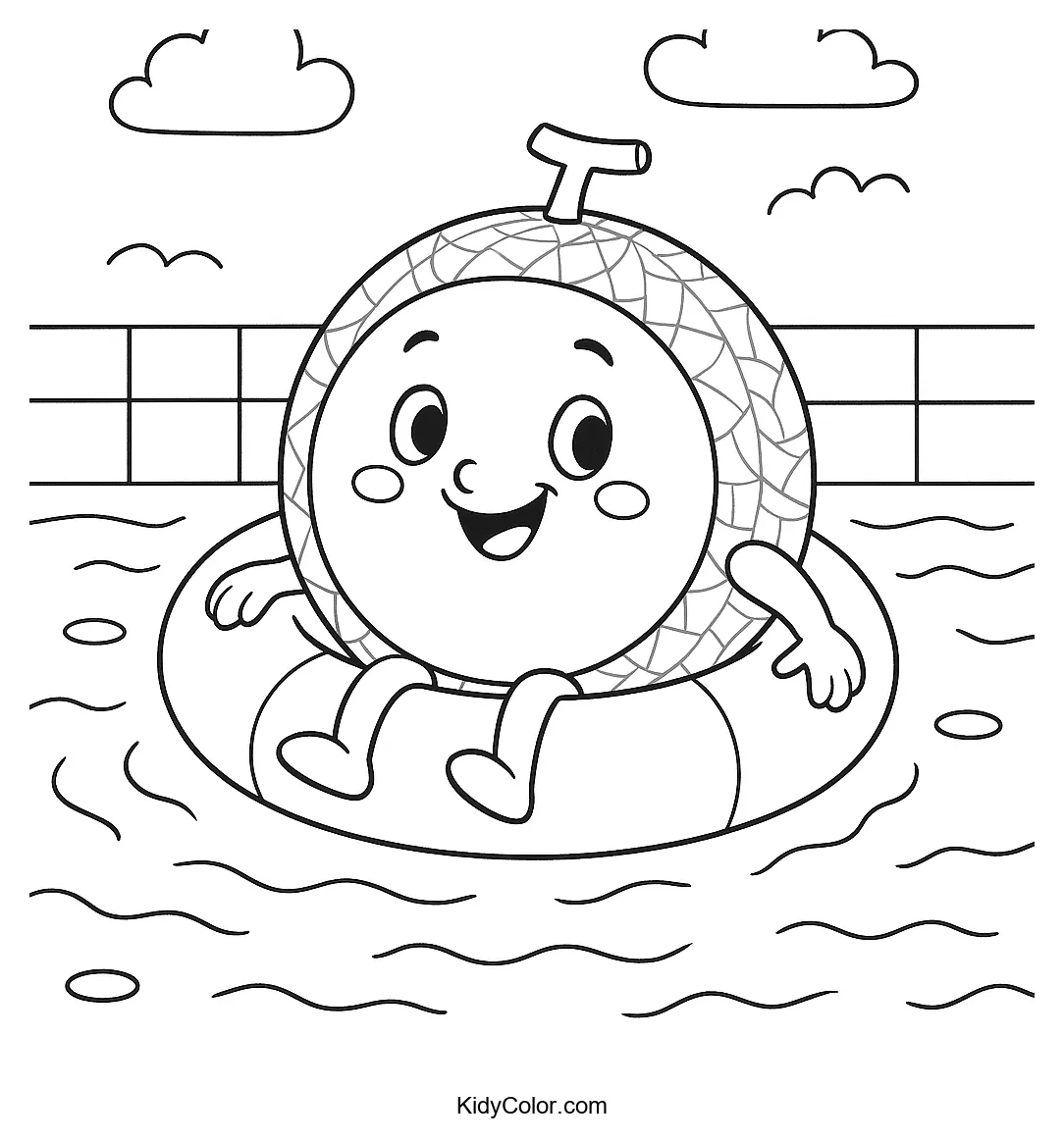 Coloring page of a cantaloupe in the pool