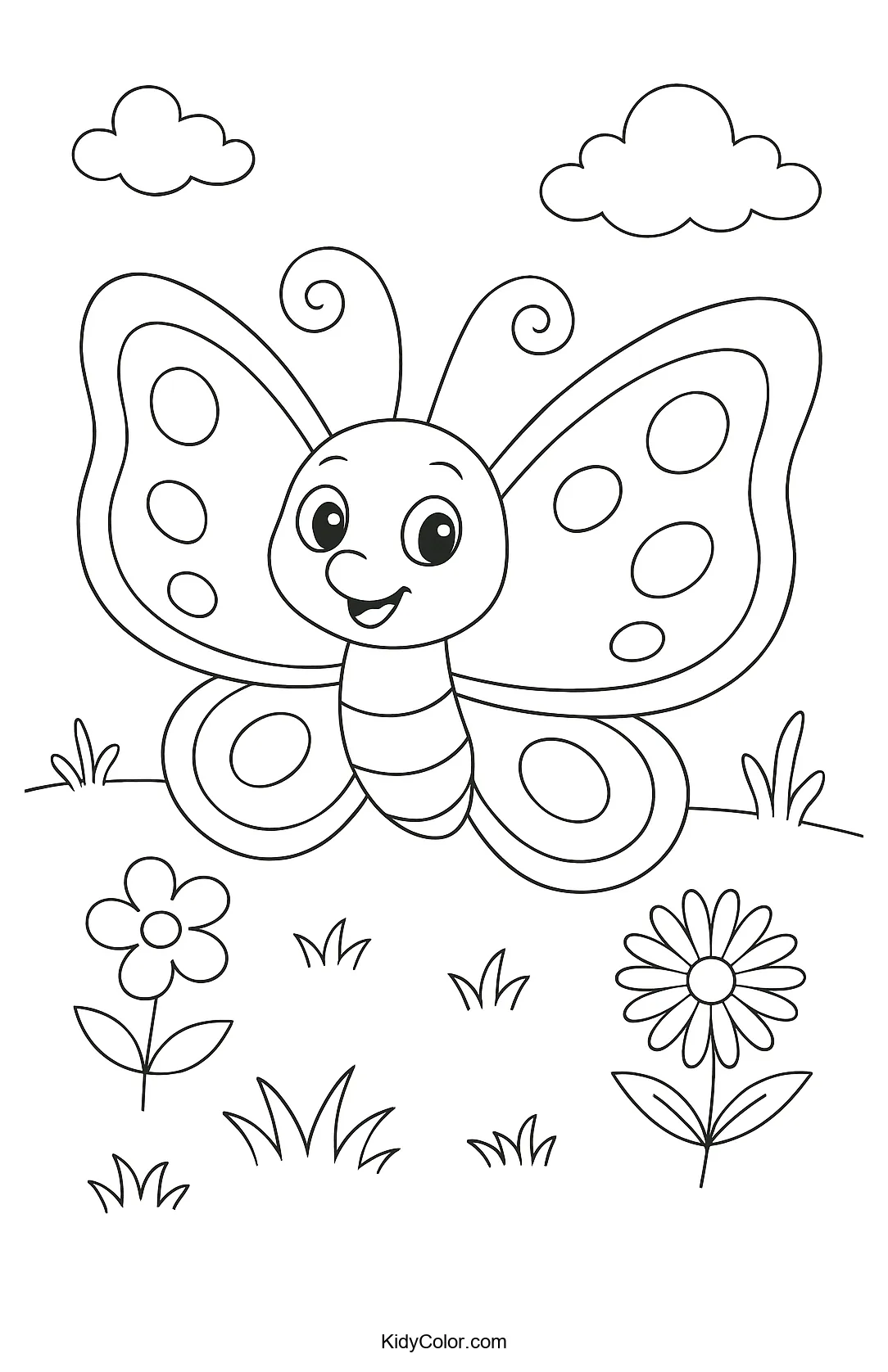 Cartoon butterfly with clouds and flowers
