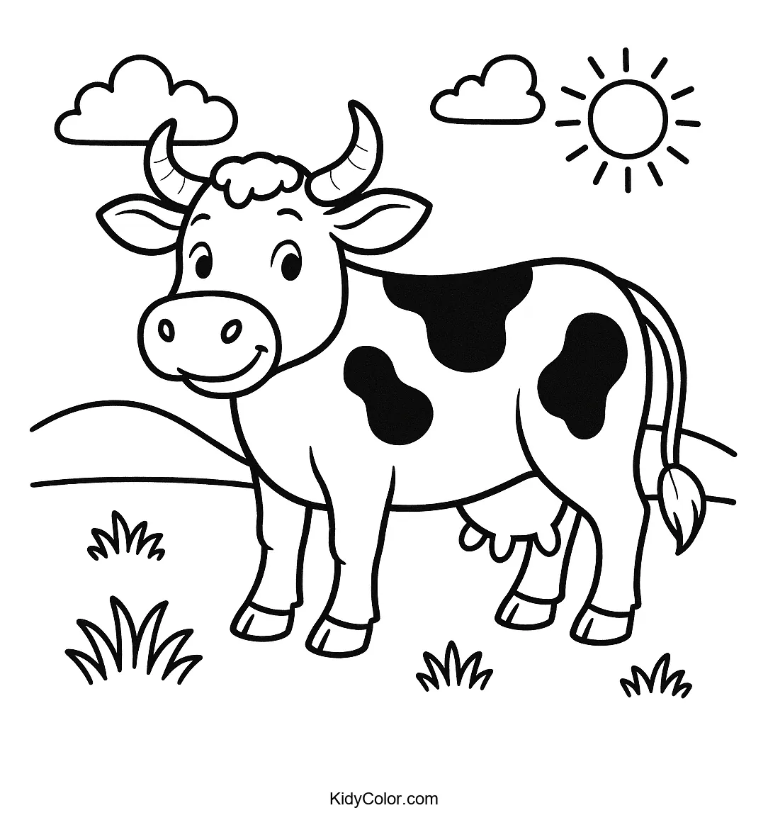 Cartoon cow in a pastoral landscape