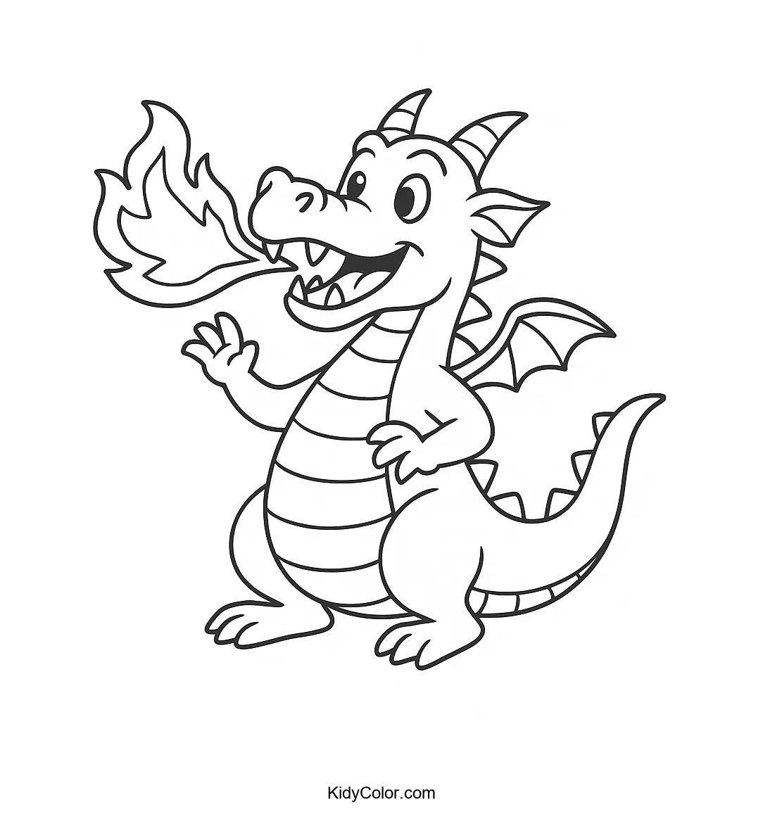 Cartoon dragon breathing fire coloring page