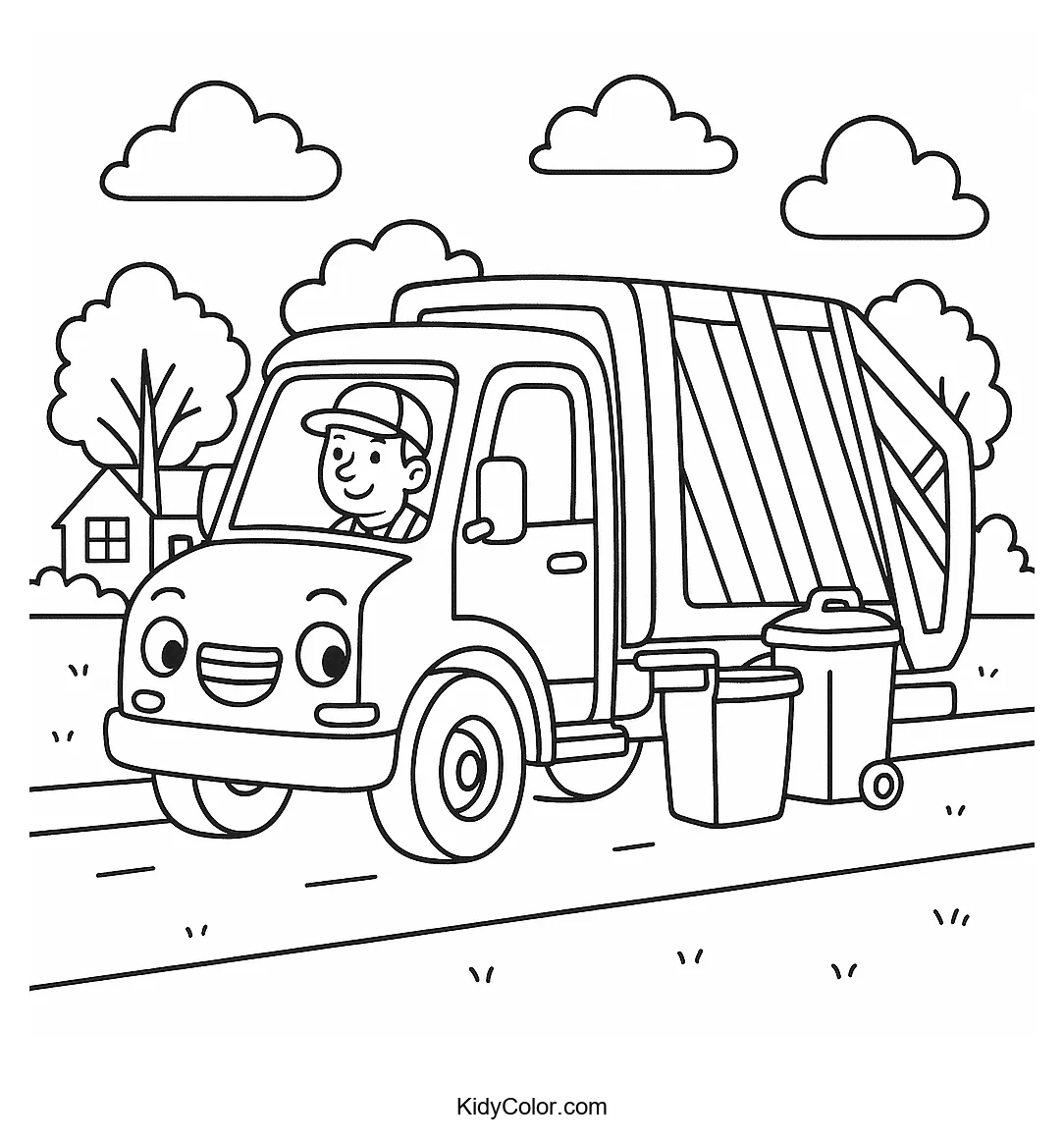 Cartoon garbage truck in suburbia