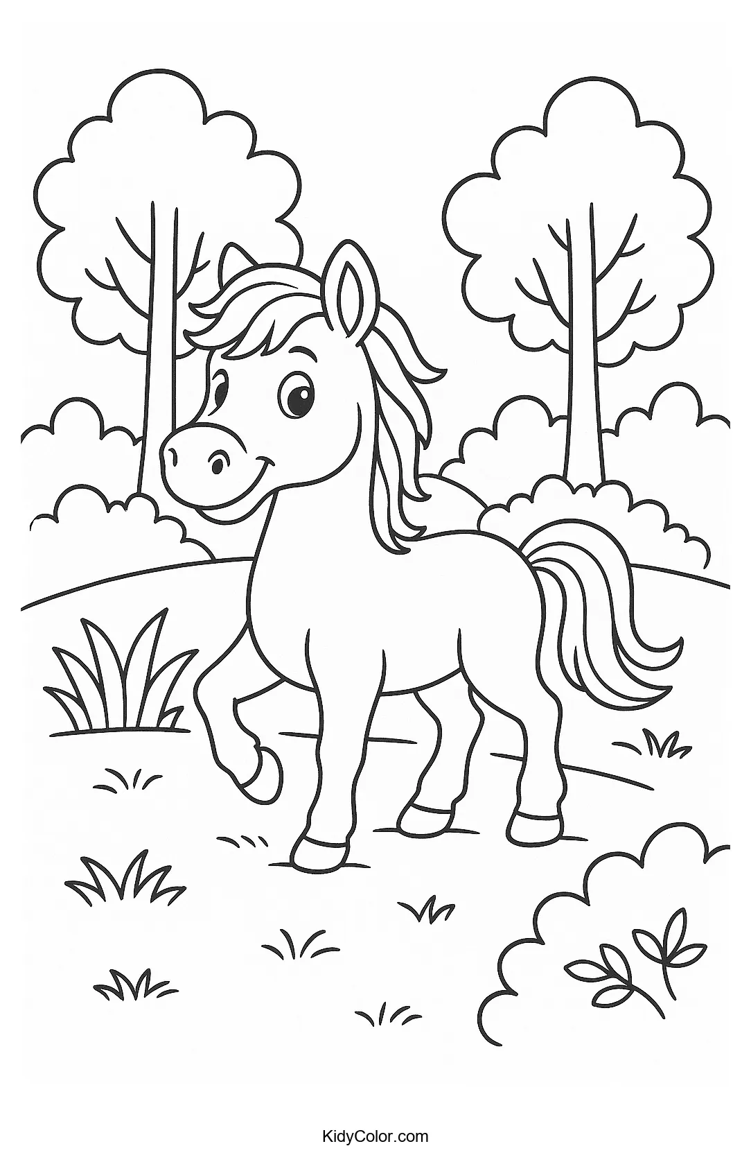 Cartoon horse in a forest scene
