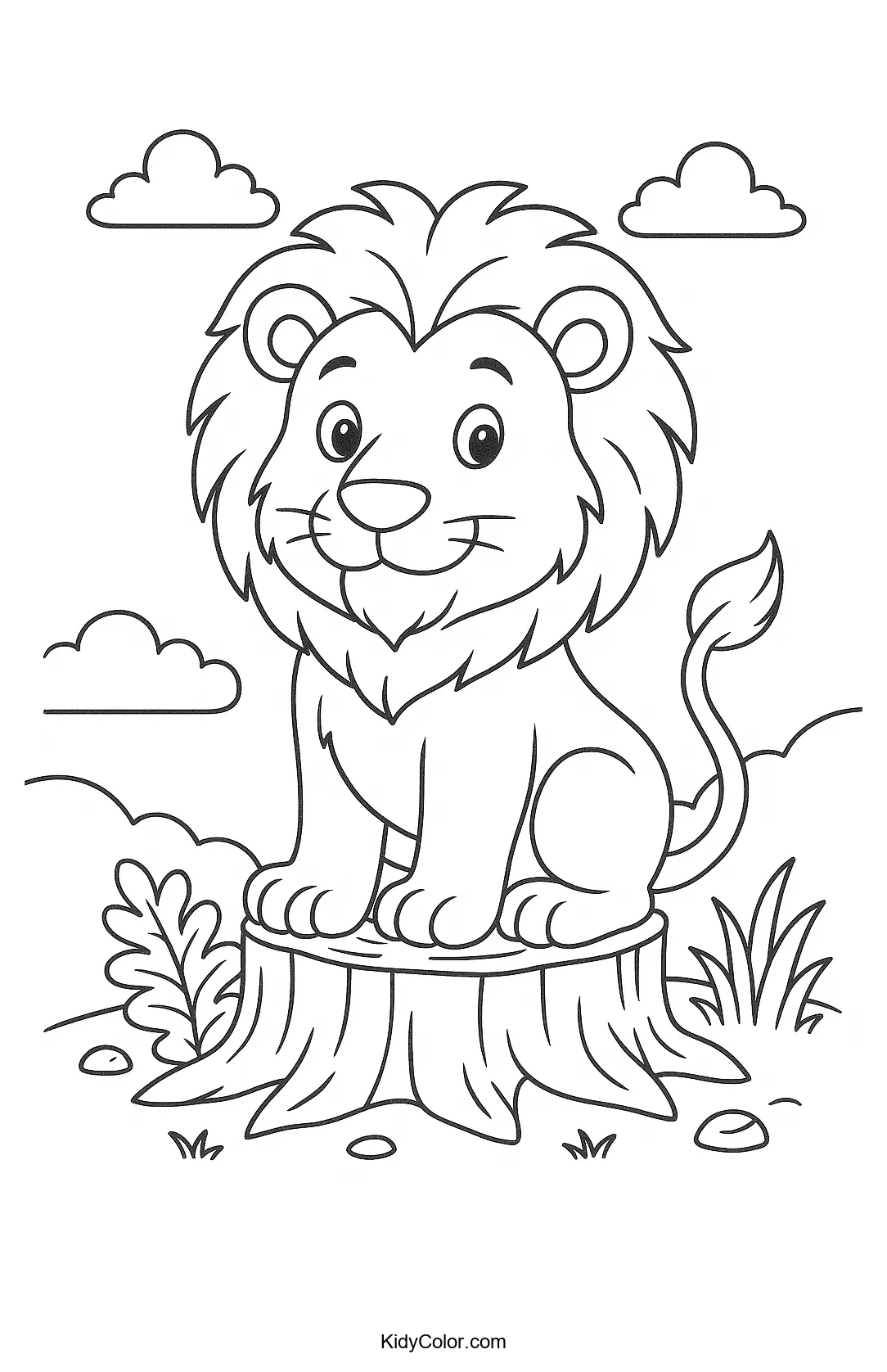 Cartoon lion sitting on a tree stump