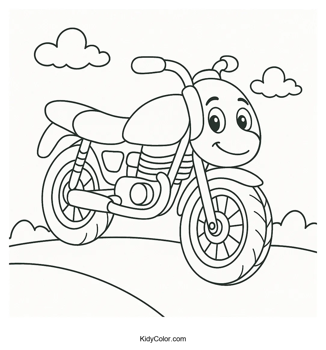 Cartoon motorcycle on rolling hills coloring page