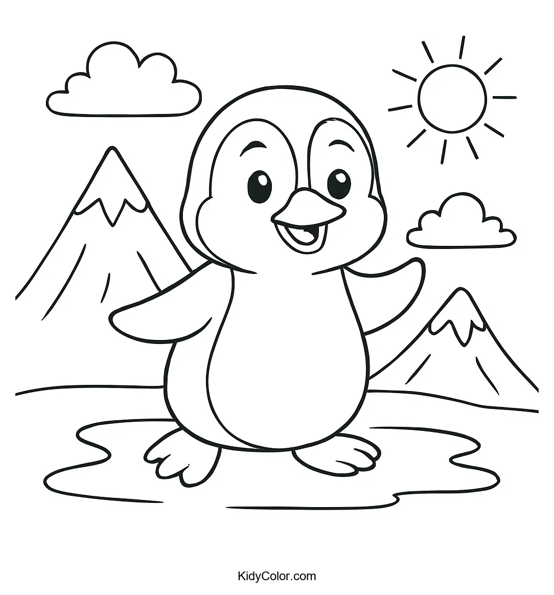 Cartoon penguin standing on snowy landscape