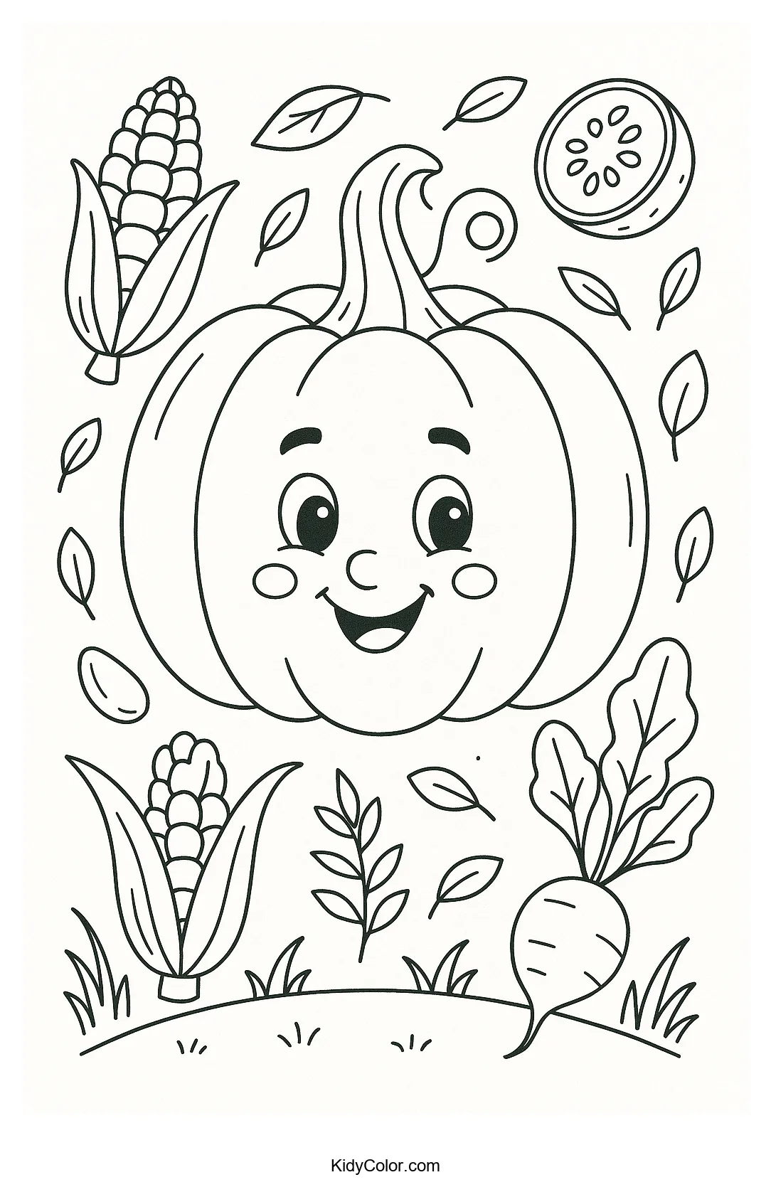 Cartoon pumpkin with harvest friends