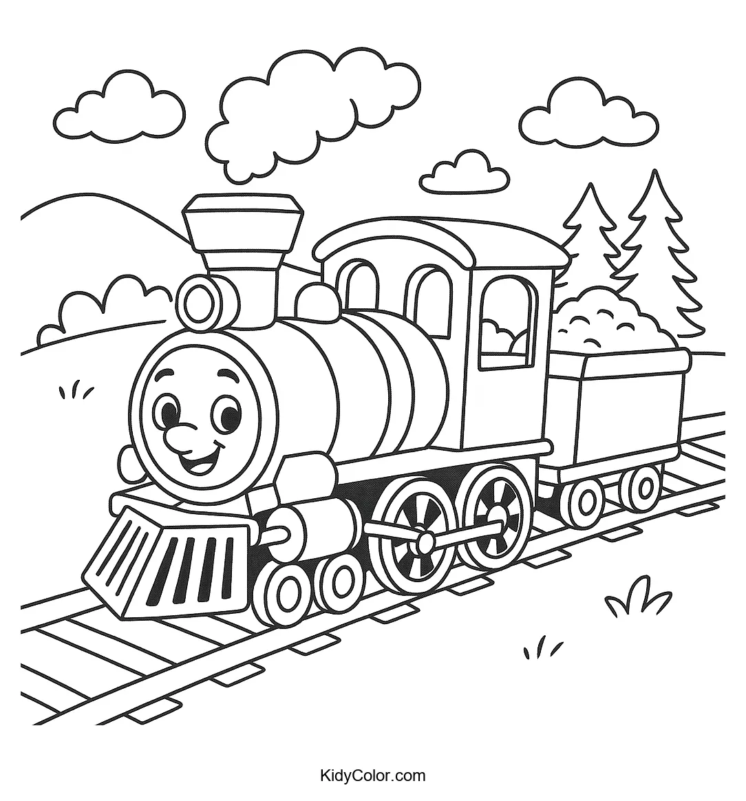 Cartoon steam train on tracks coloring page