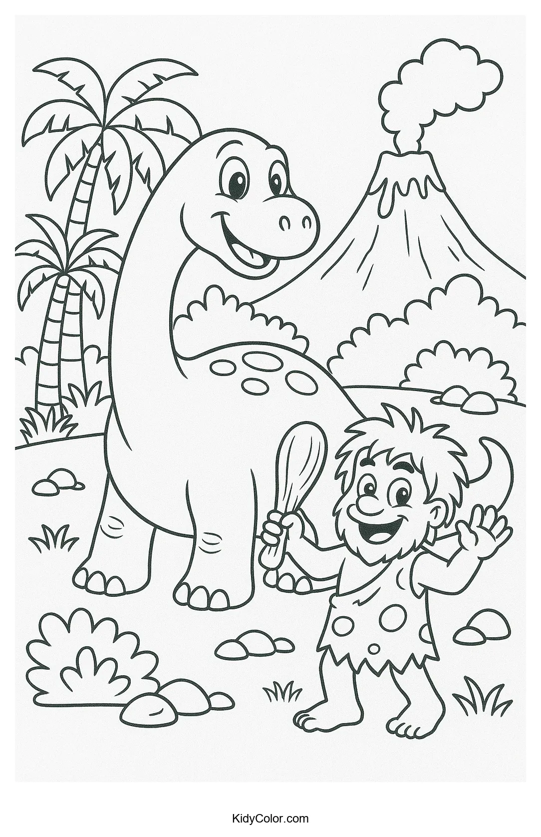 Caveman and dinosaur playing together