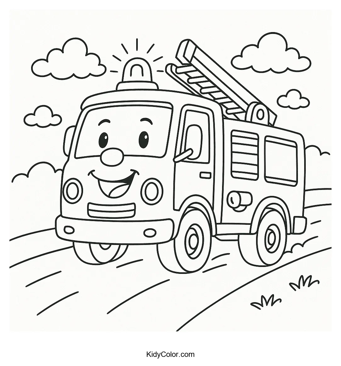 Coloring page of a cheerful fire truck on a journey