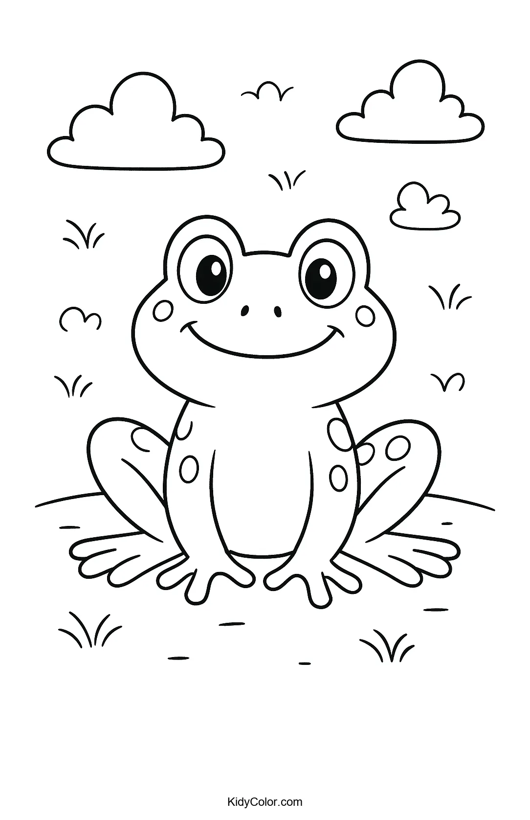 Coloring page of a cheerful frog in a cloudy field.