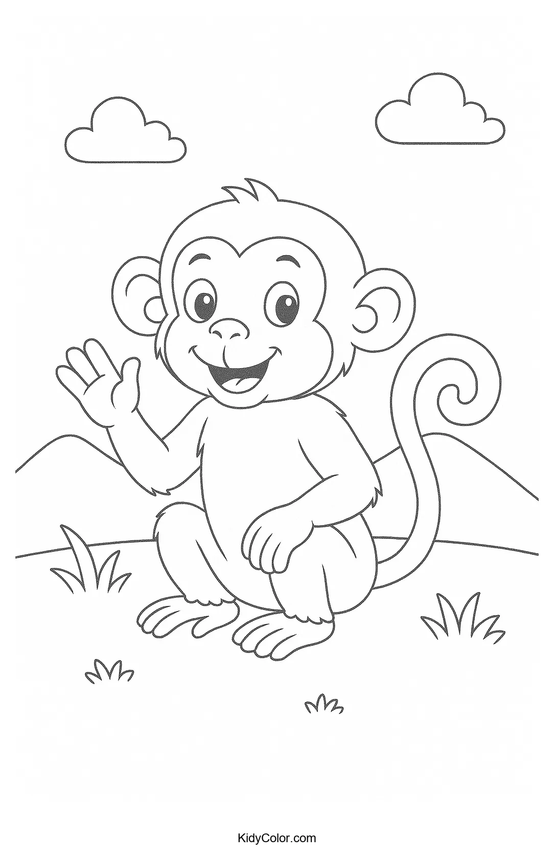 A cheerful monkey in an outdoor scene coloring page