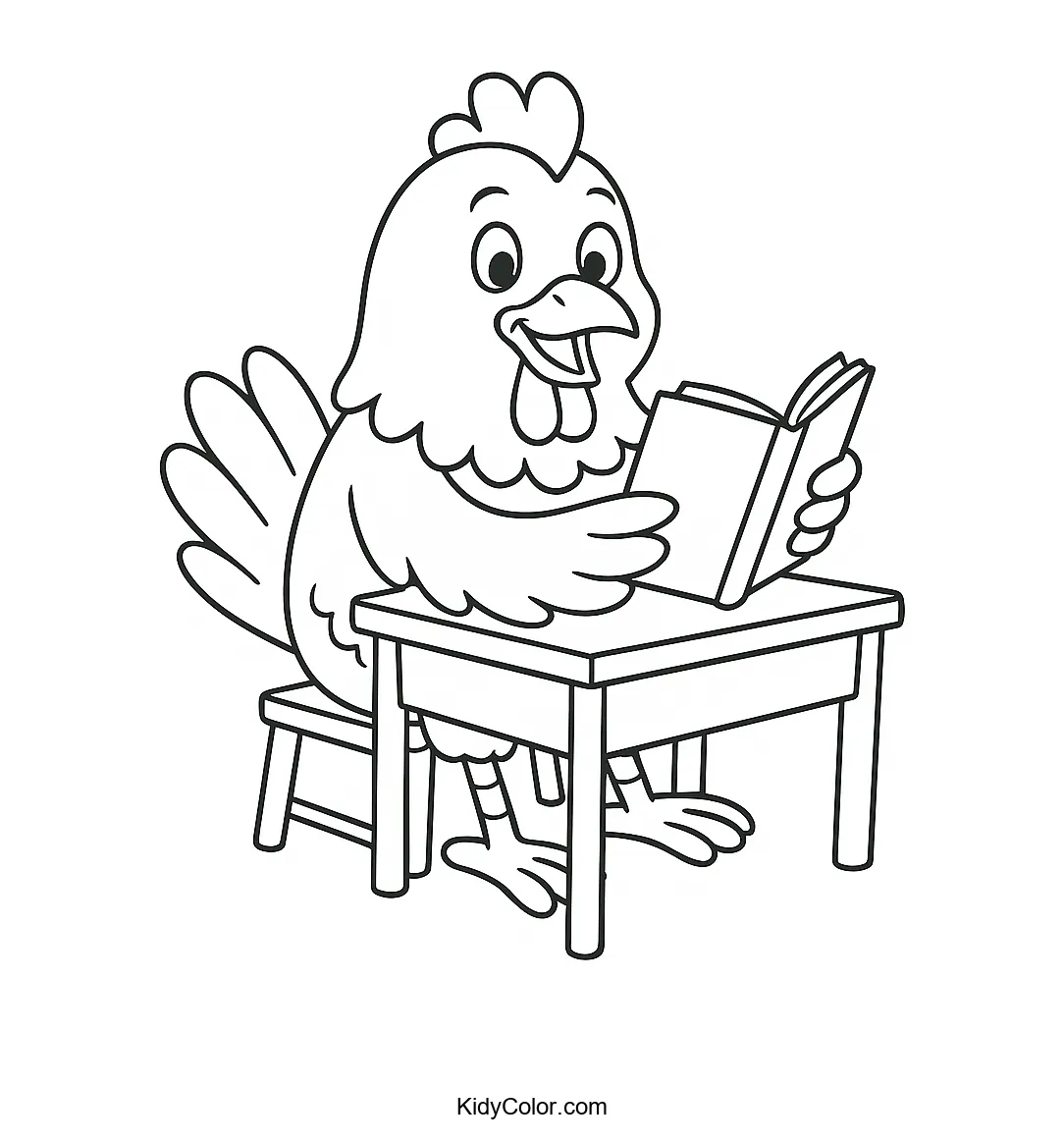 Chicken in classroom with open book