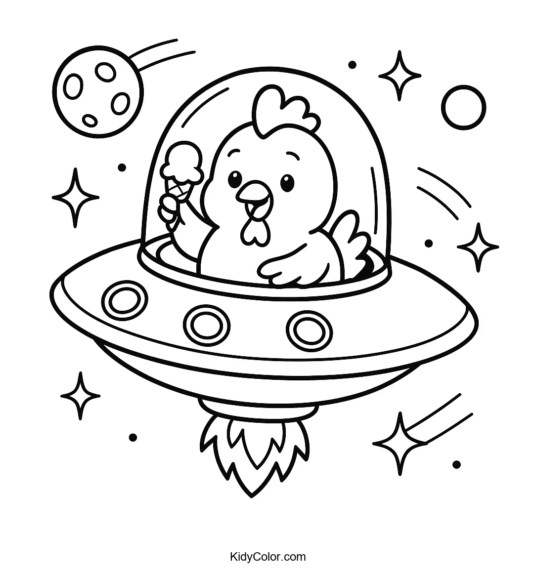 Chicken piloting a spaceship in space with planets