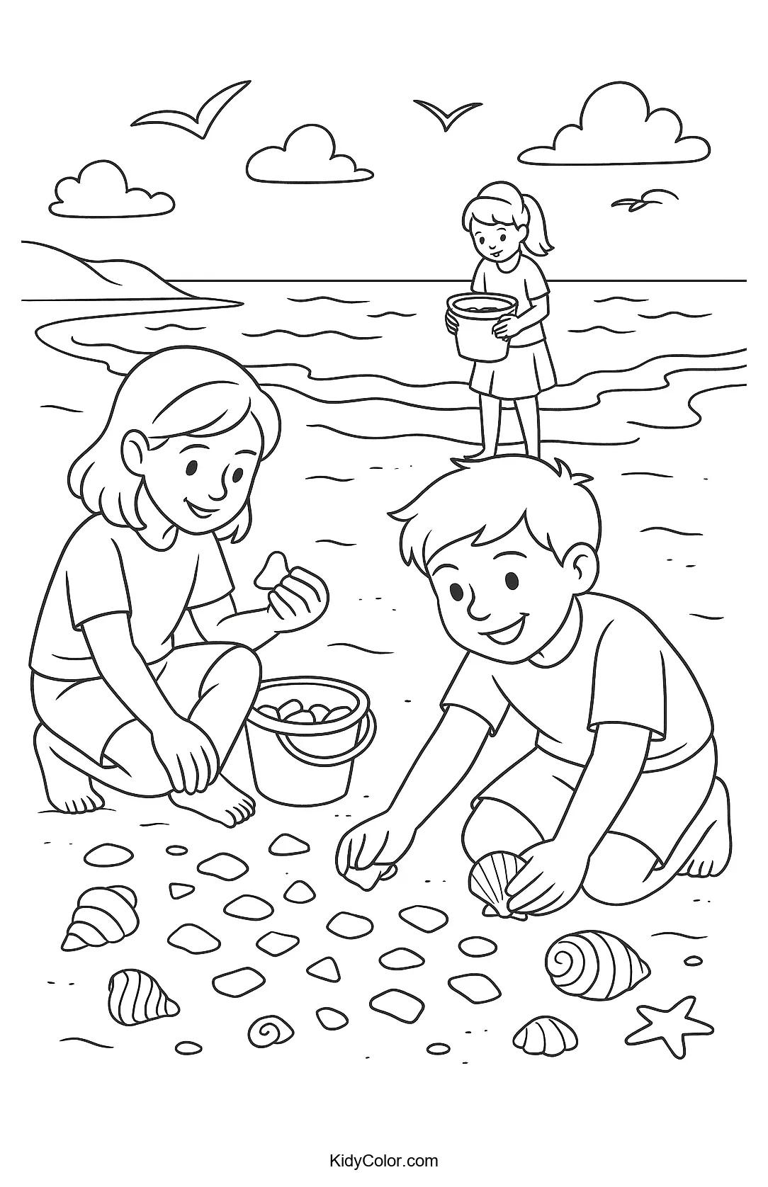 Kids collecting seashells on a beach