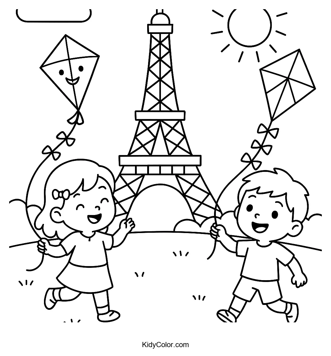Kids flying kites by the Eiffel Tower