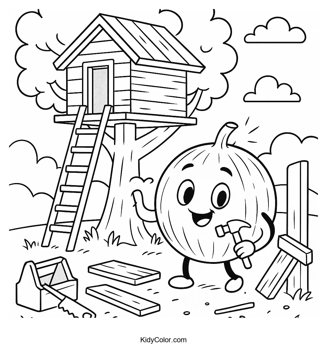 Coconut character building a treehouse