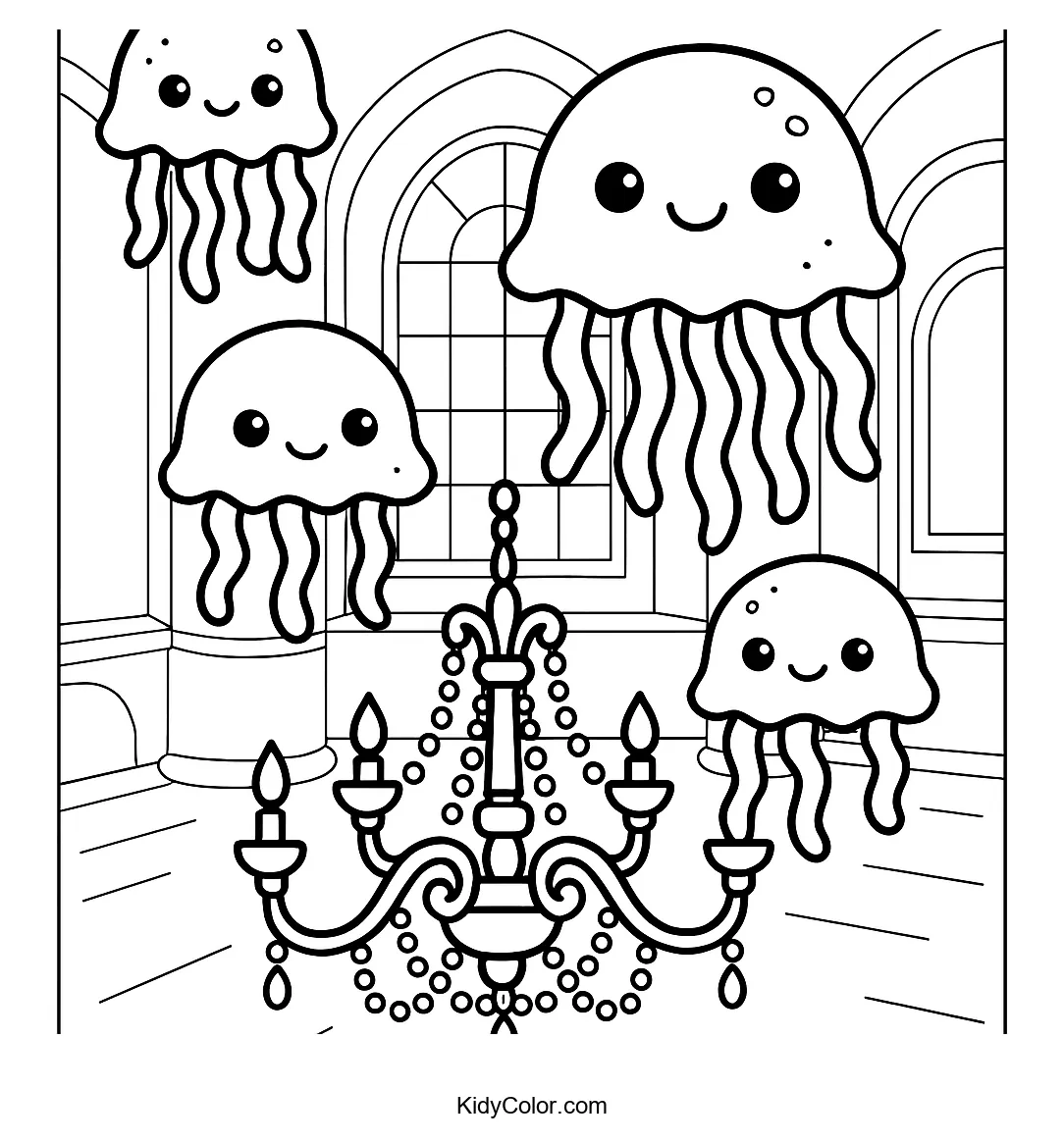 Jellyfish above chandelier in castle dance room