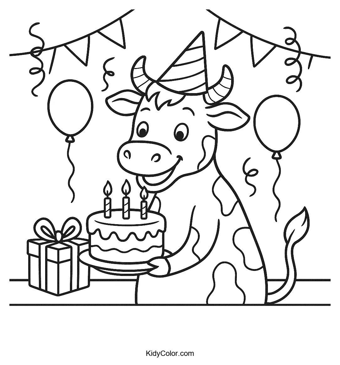 Cow's birthday celebration with balloons and a cake.