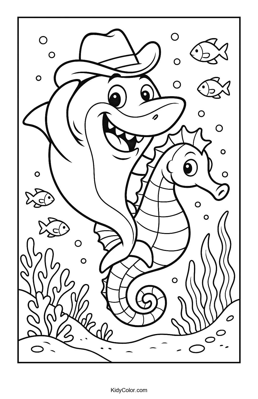 Cowboy shark riding a seahorse underwater