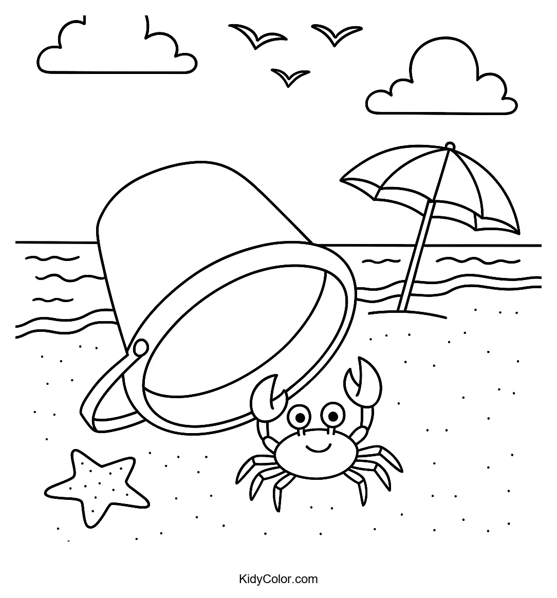 Crab and bucket on a beach coloring page