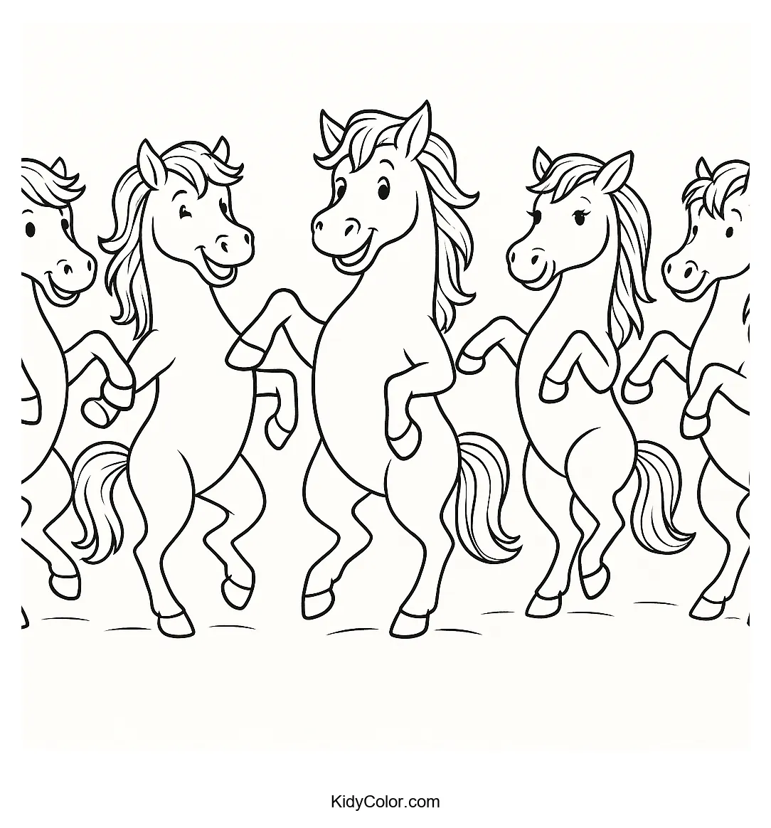 Dancing horses in harmony coloring page image