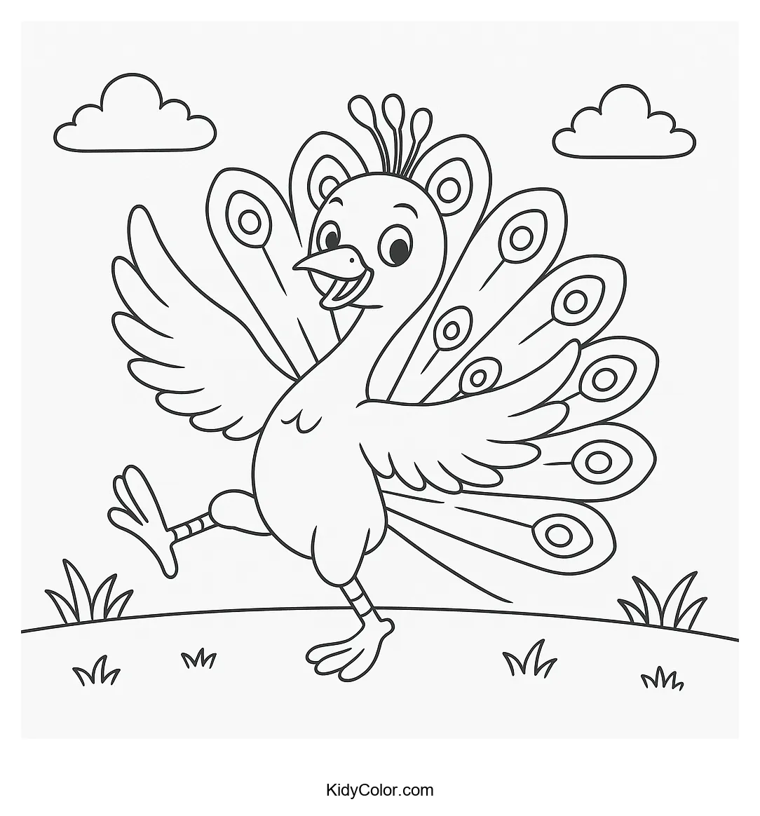 Coloring page of a peacock dancing in nature
