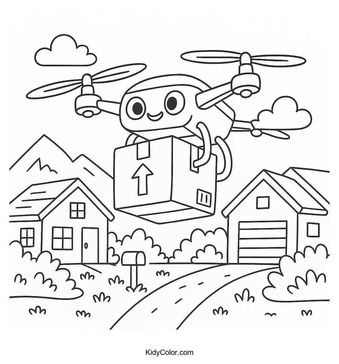 Delivery drone flying over suburban homes coloring page
