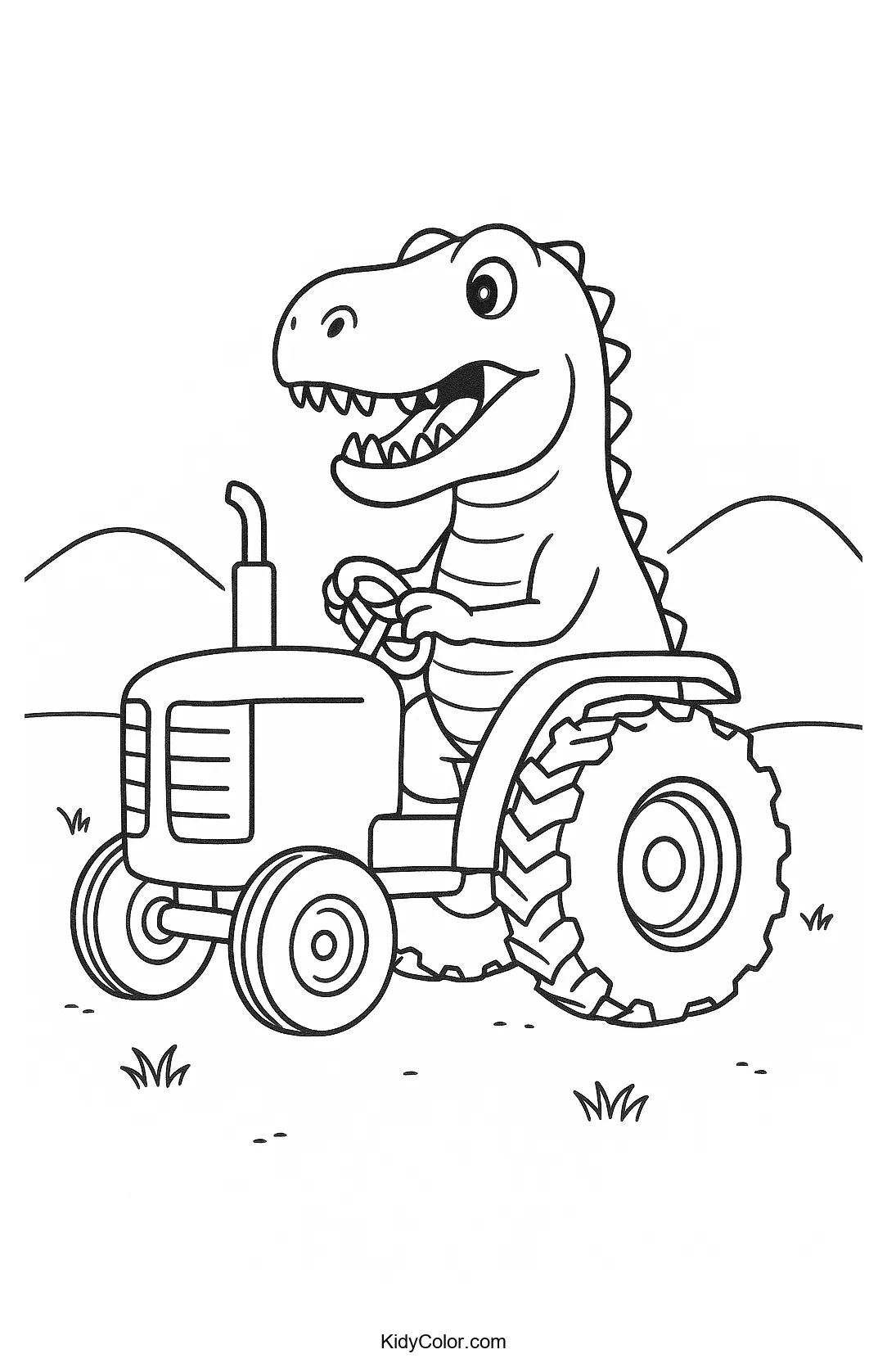 Dinosaur on a tractor in the countryside