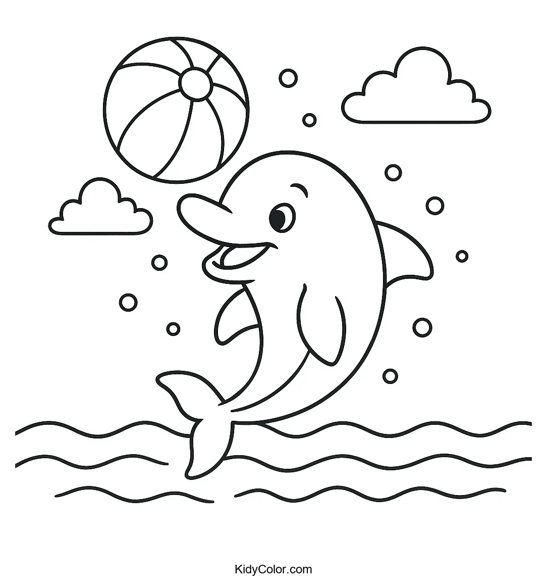Dolphin playing with a ball in the sea coloring page