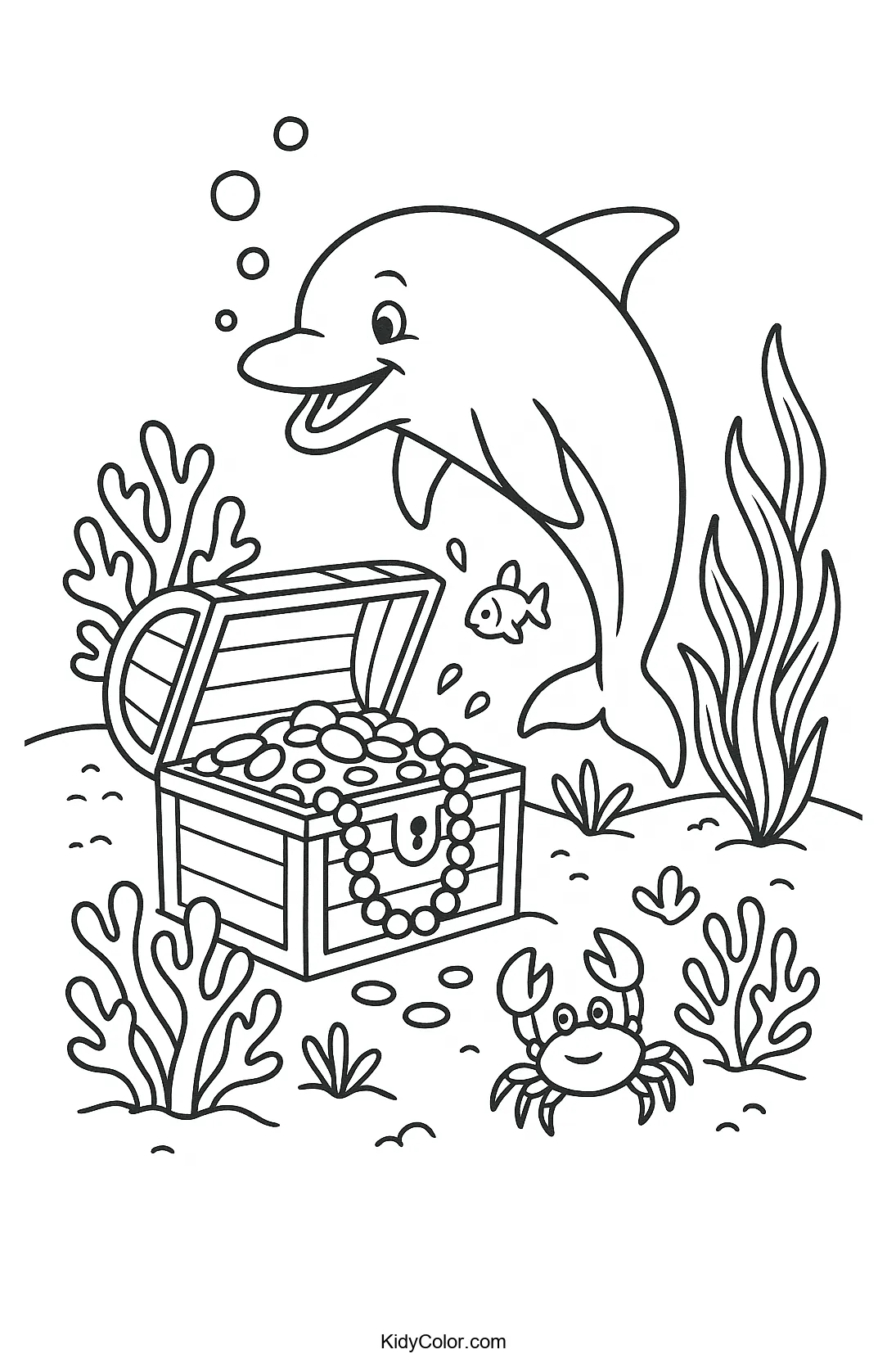 Dolphin exploring a treasure chest coloring page