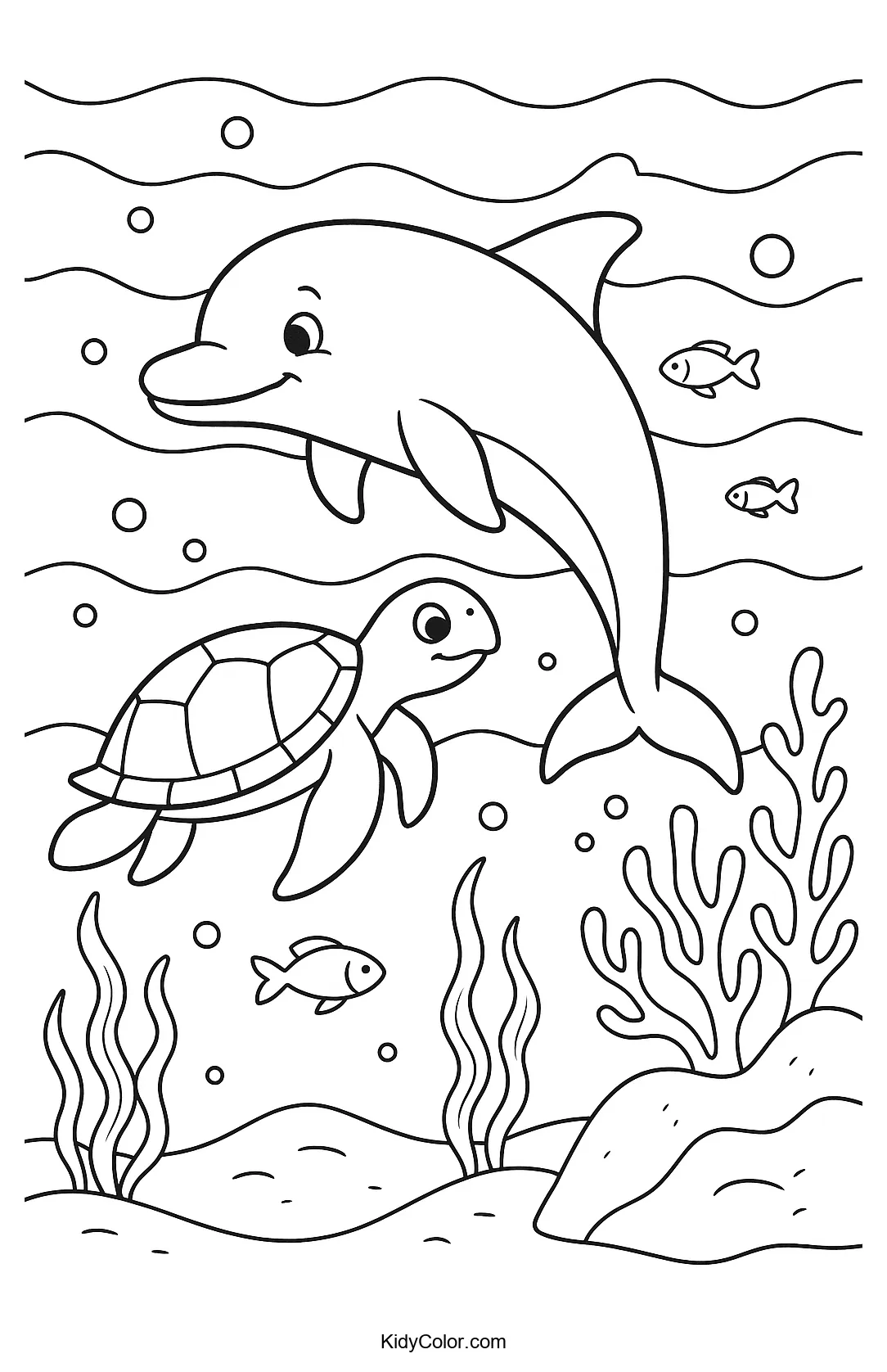 Dolphin and turtle underwater coloring page