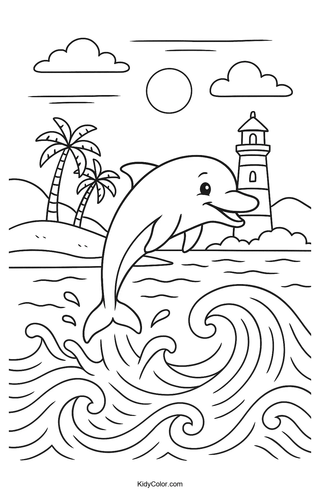 Dolphin leaping over a coastal paradise