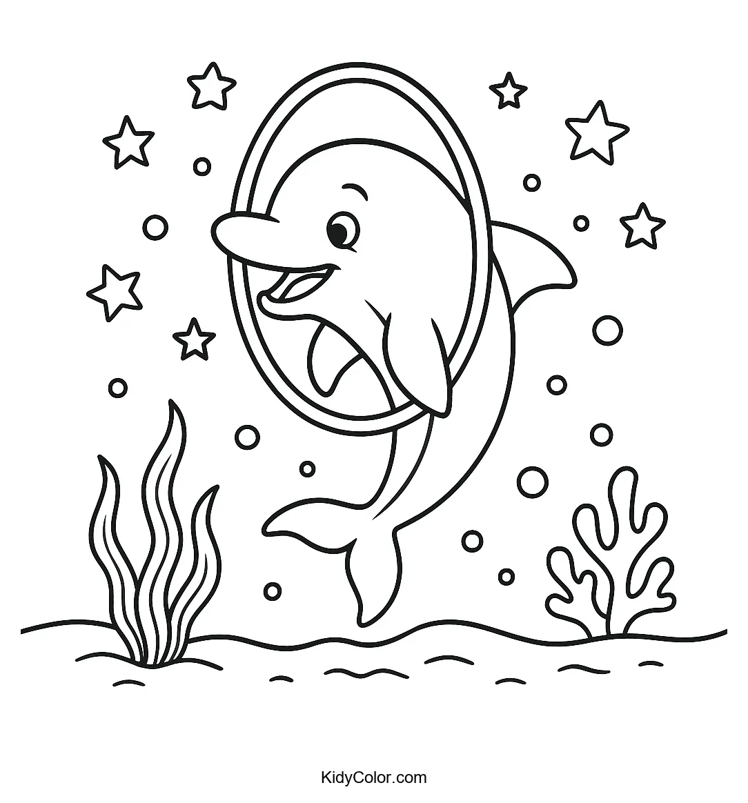 Dolphin leaping through a hoop underwater