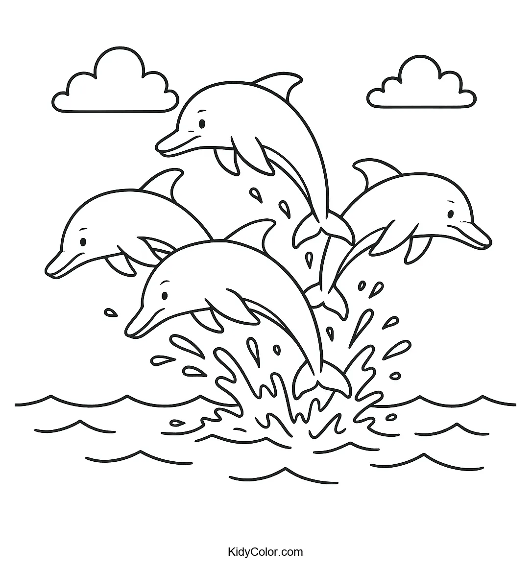 Coloring page of dolphins swimming together
