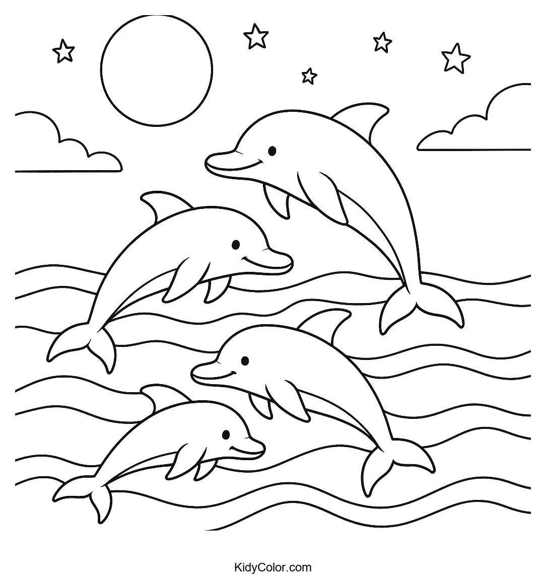 Dolphins swimming under a moonlit sky