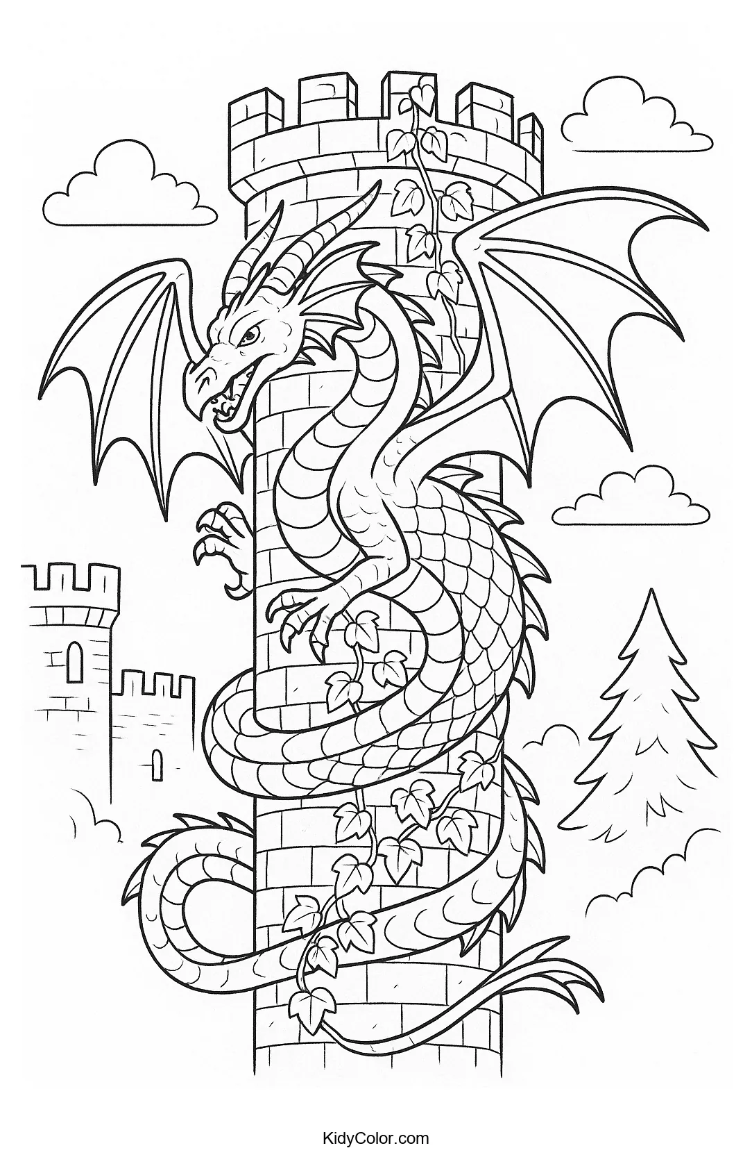 Dragon climbing an ivy-covered tower
