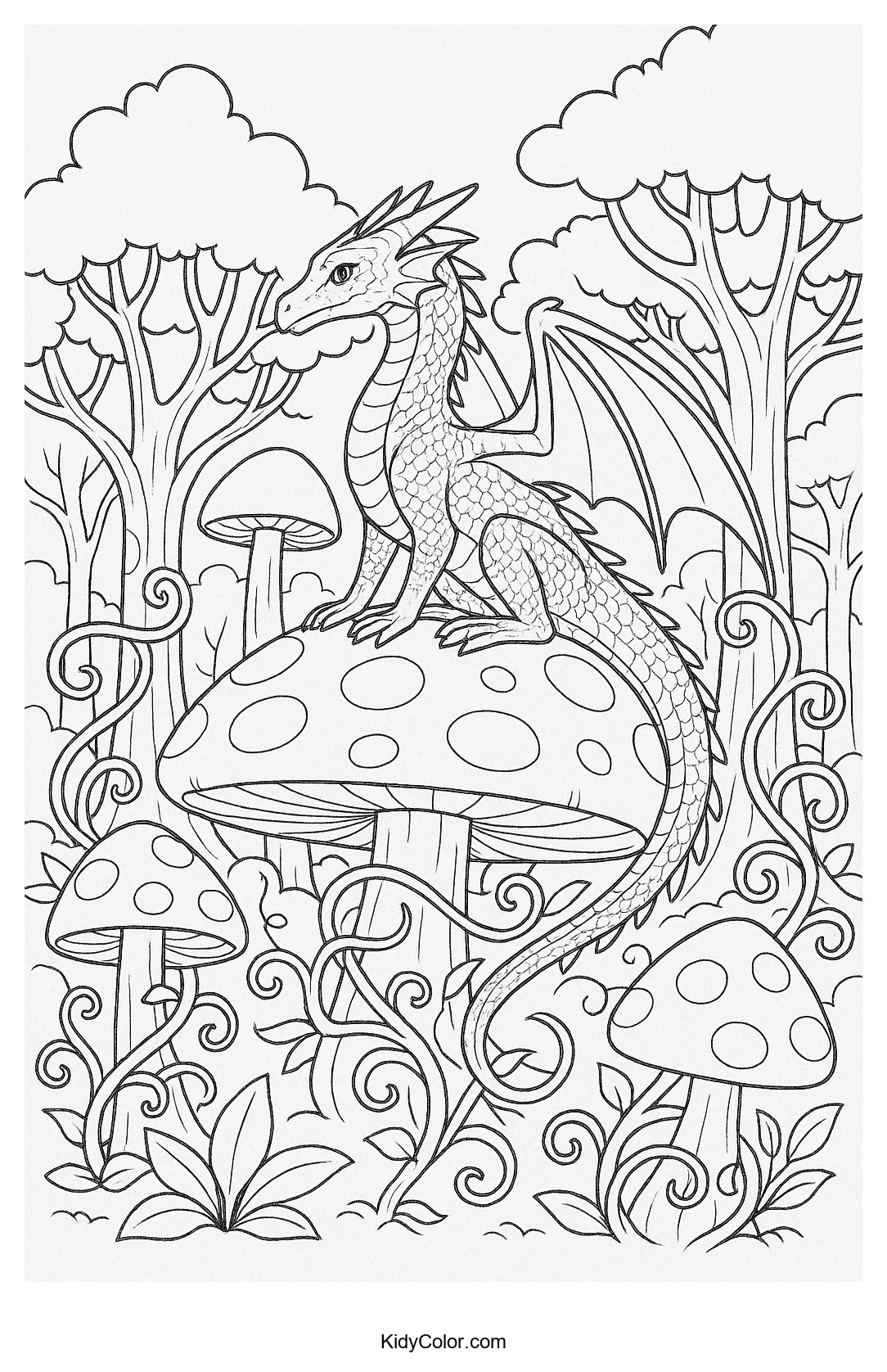 Dragon on a mushroom in an enchanted forest