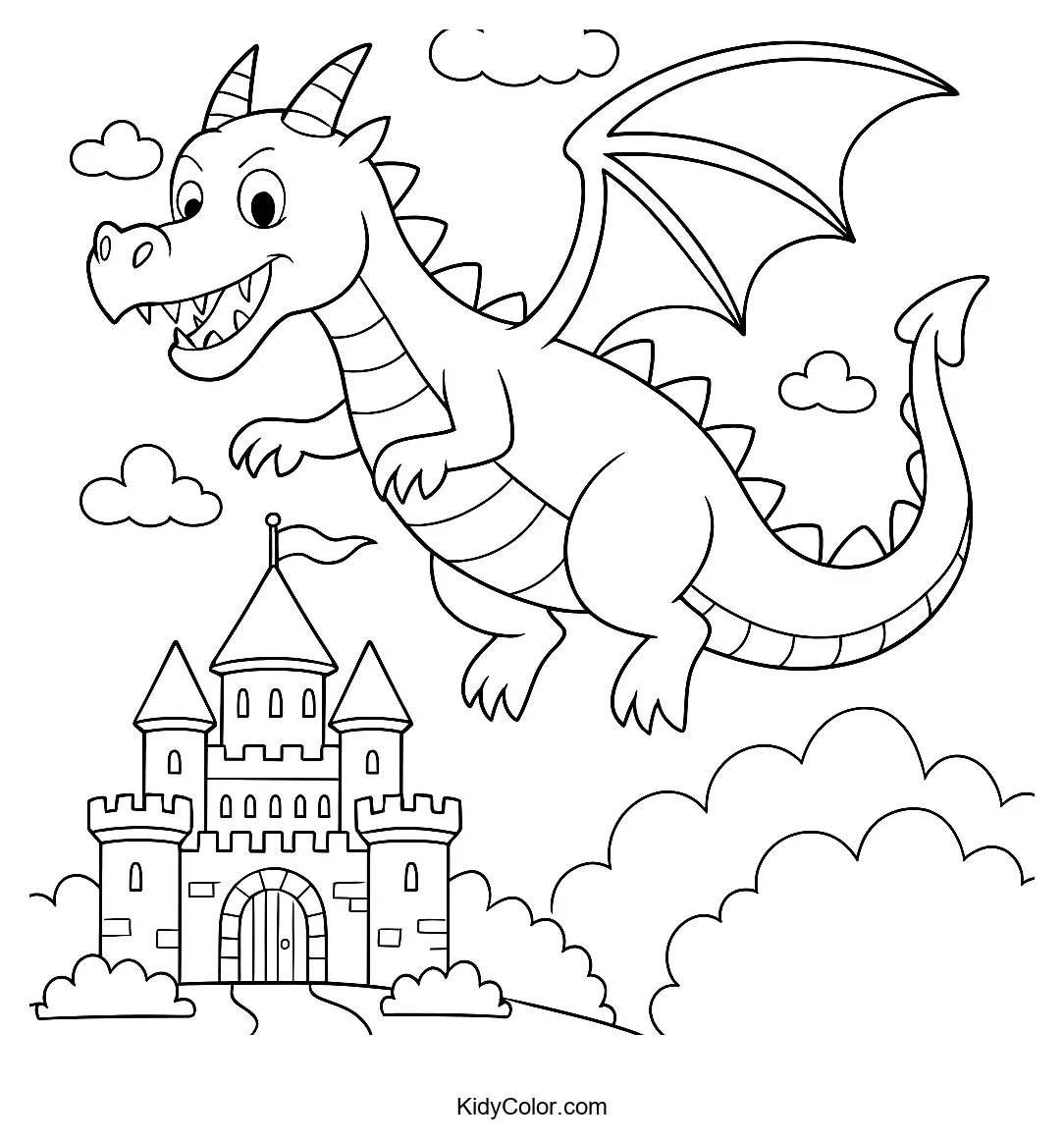 Dragon flying over a castle landscape